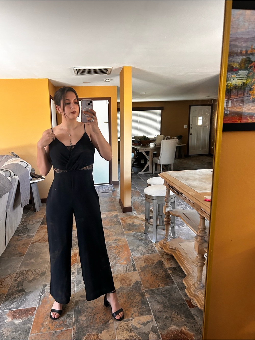 Zara Black Lace Detail Jumpsuit Open Back V Neck Spaghetti Strap Jumpsuit Small
